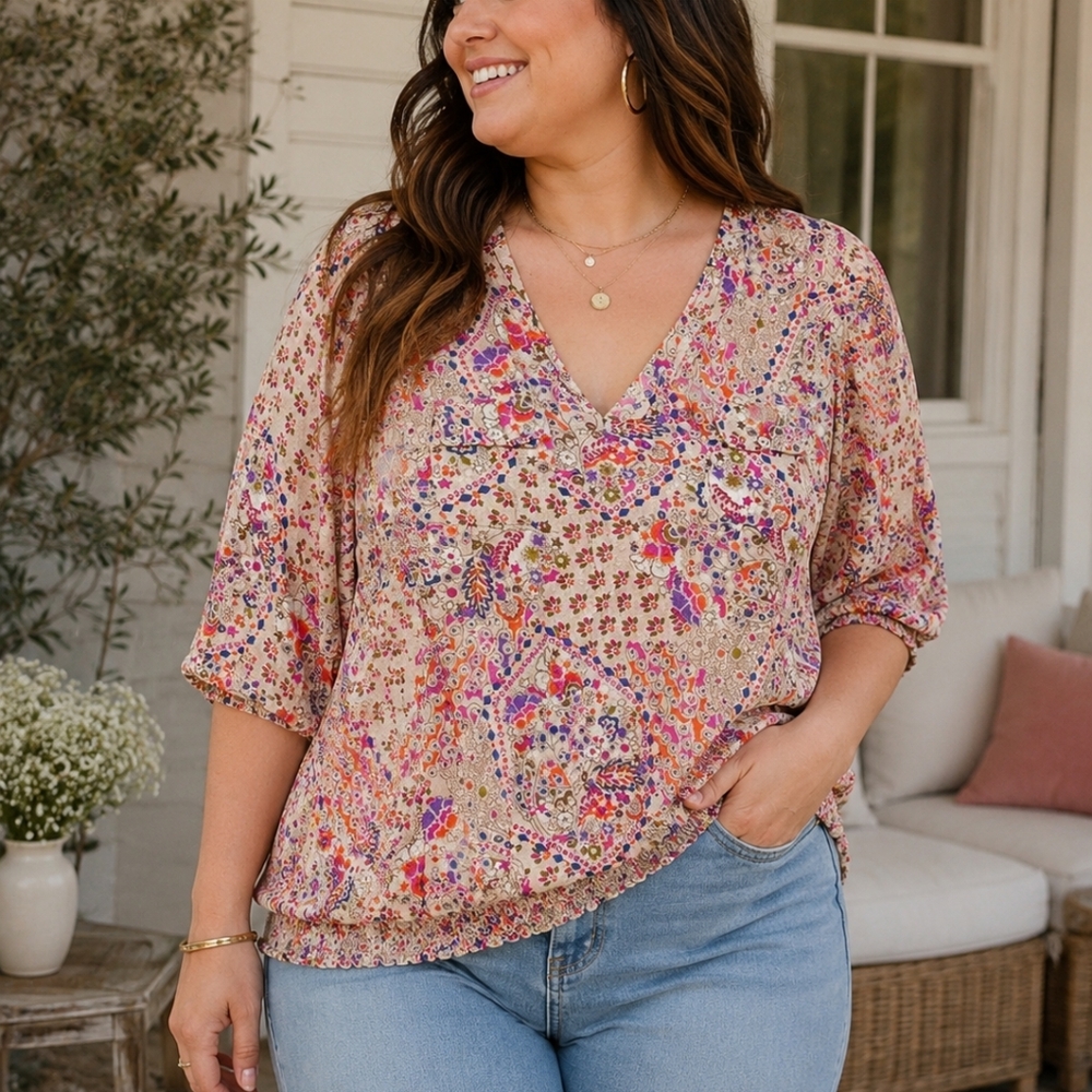 Penningtons Paisley Floral V-Neck Blouse - Pink, Purple, Cream